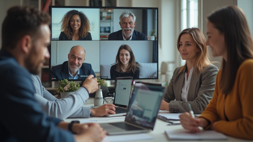 Diverse groep professionals in virtuele meeting, schermen tonen gezichten en gezamenlijk werken