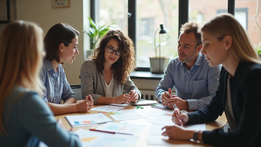 Diverse groep professionels in brainstormsessie met notities en samenwerkingstools