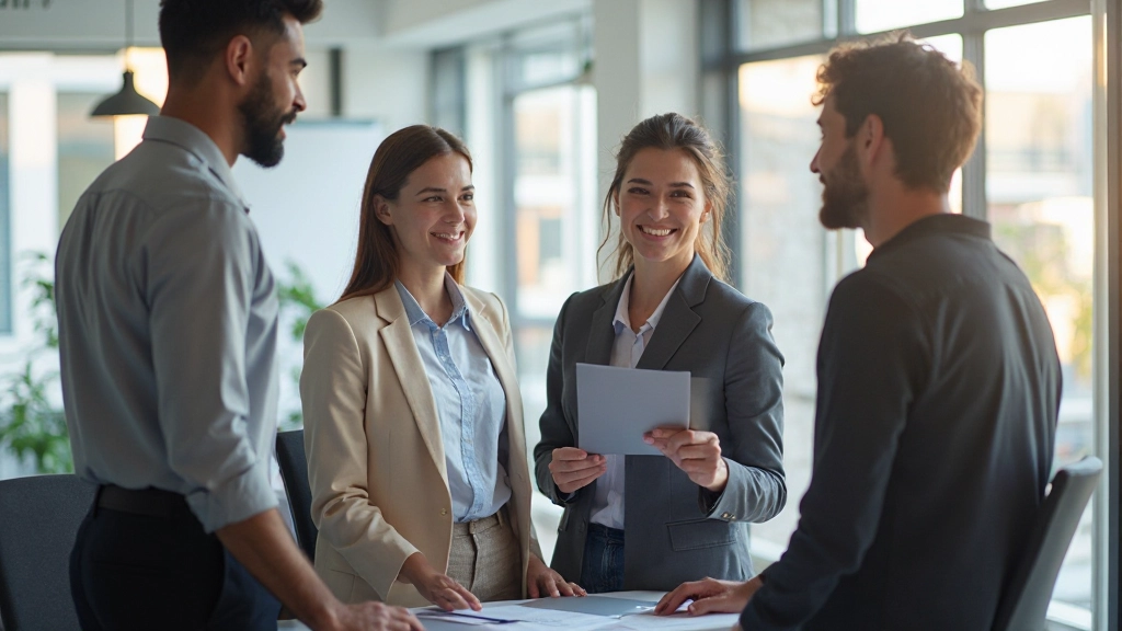 Vier mensen met verschillende rollen aan het samenwerken op kantoor
