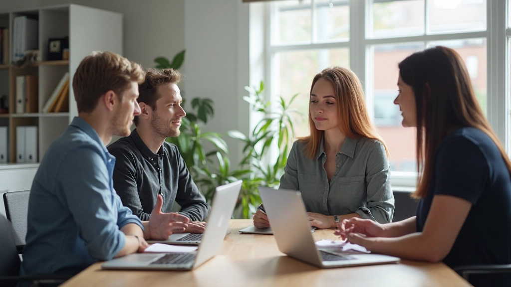 Diverse team van vier professionals in kantoor rond tafel met laptops en notitieboeken, brainstormingsessie