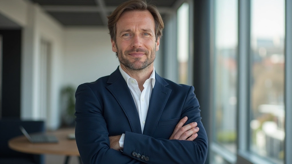 Zakenman met armen over elkaar staand in kantoor, zelfverzekerde houding, leiderschap uitstraling