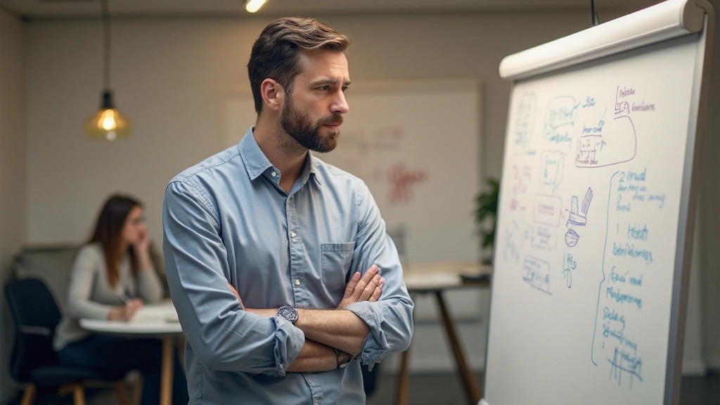 Persoon die naar whiteboard kijkt met teamstrategie schema en flowcharts geschreven