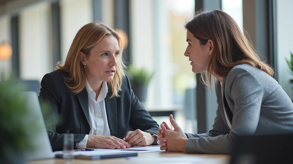 Twee collega's in gesprek aan tafel, actieve luisterhouding, respectvolle communicatie in kantoor