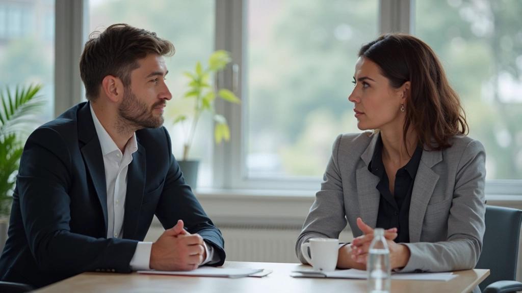 Twee teamleden in gesprek aan conferentietafel, actief luisterend met oogcontact, professionele kantoorsetting