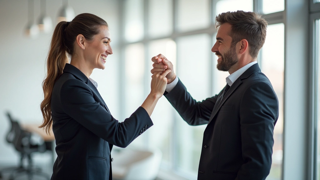 Twee collega's die elkaar aanstoten in team celebration, positieve energie in kantoor